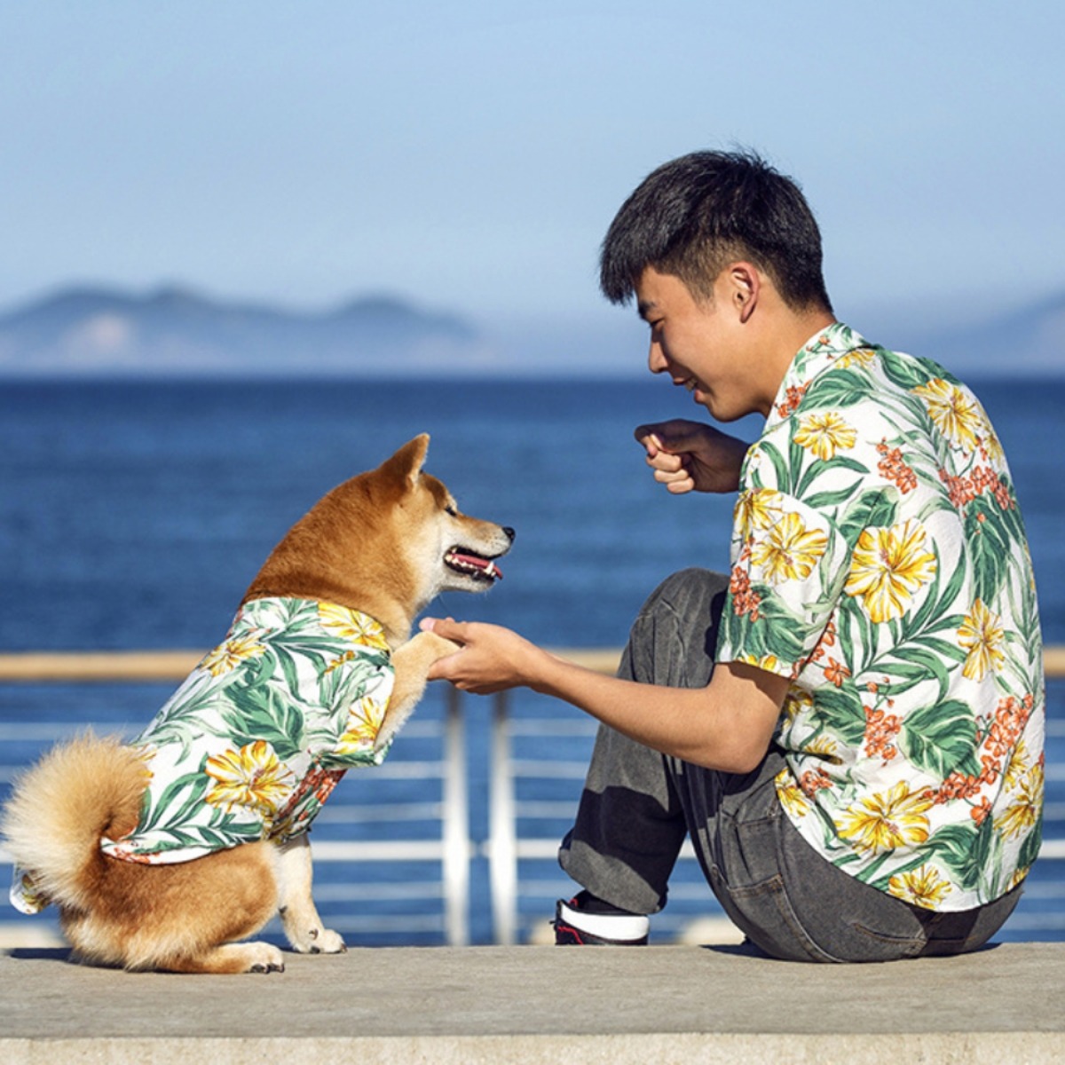ペットペアルック 夏のおもいで ハイビスカス柄 アロハシャツ